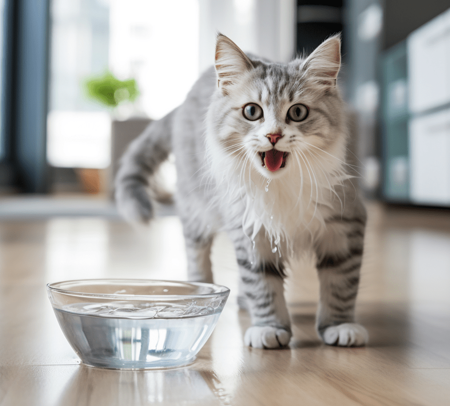 A playful and healthy cat drinking water from a bowl, with a clean and bright environment. 