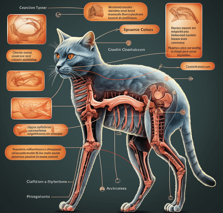 A diagram showing a healthy cat joint and an arthritic joint for visual comparison.
