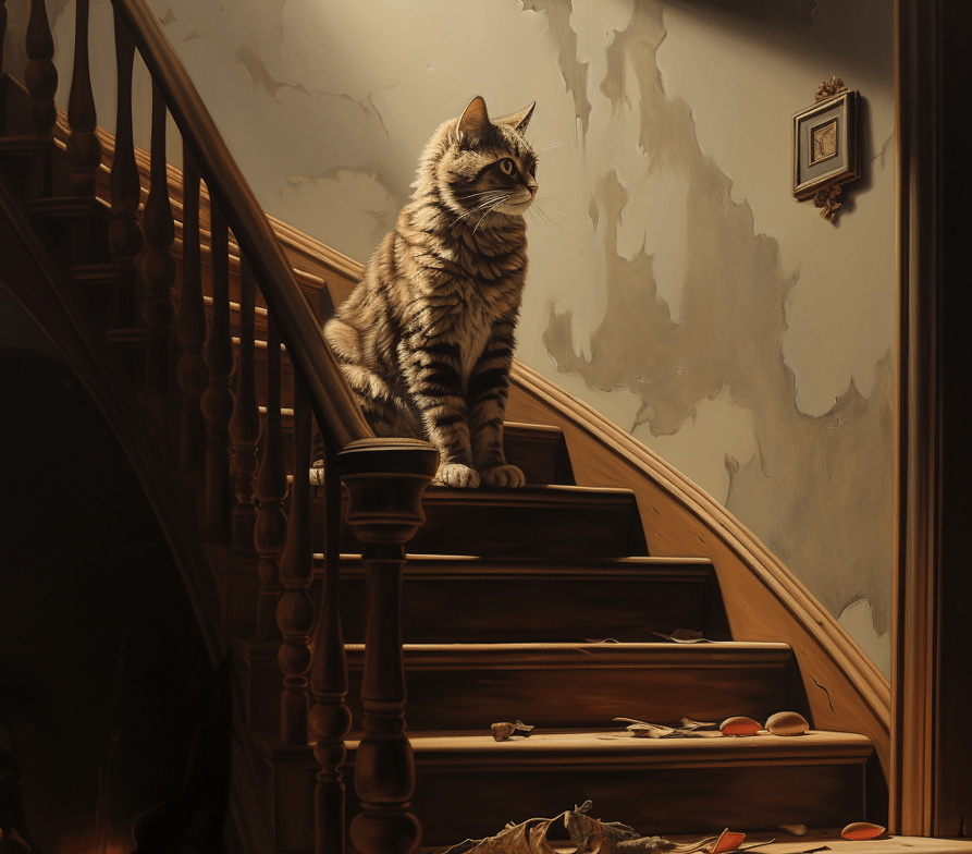 A cat showing visible signs of arthritis, like difficulty climbing stairs or stiffness in movement.
