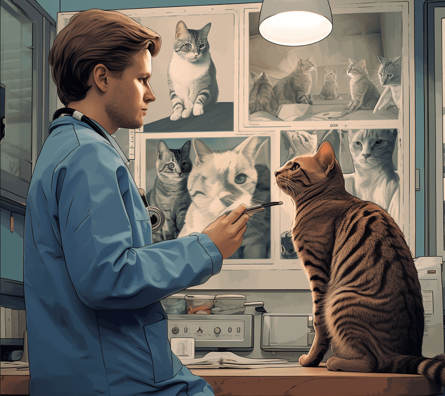 A veterinarian examining a cat using diagnostic tools like X-rays.
