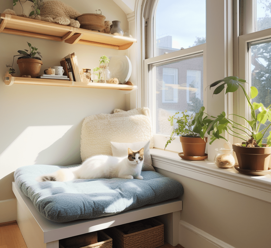 A comfortable setup for a cat, including a soft bed, ramps, and elevated food and water bowls.
