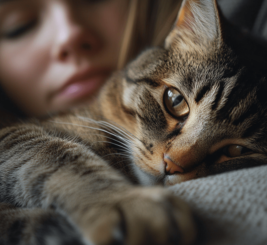 A worried pet owner observing their cat, which appears lethargic and uninterested.
