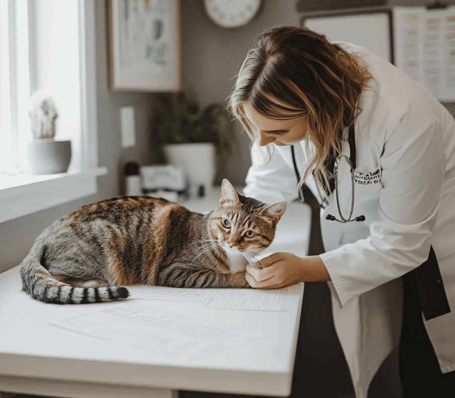 A veterinarian examining a cat on a clinical table with medical equipment in the background.
