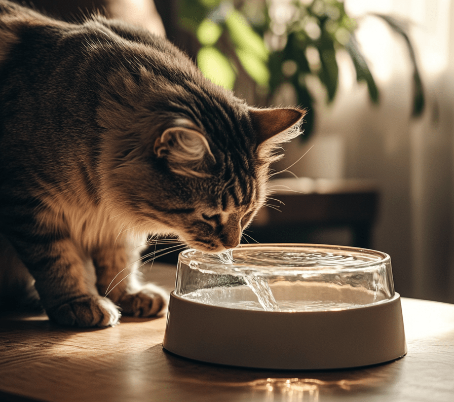  A cat drinking from a water fountain in a home setting.
