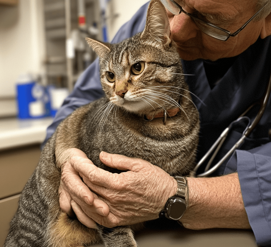 A senior cat being lovingly cared for during a vet visit.