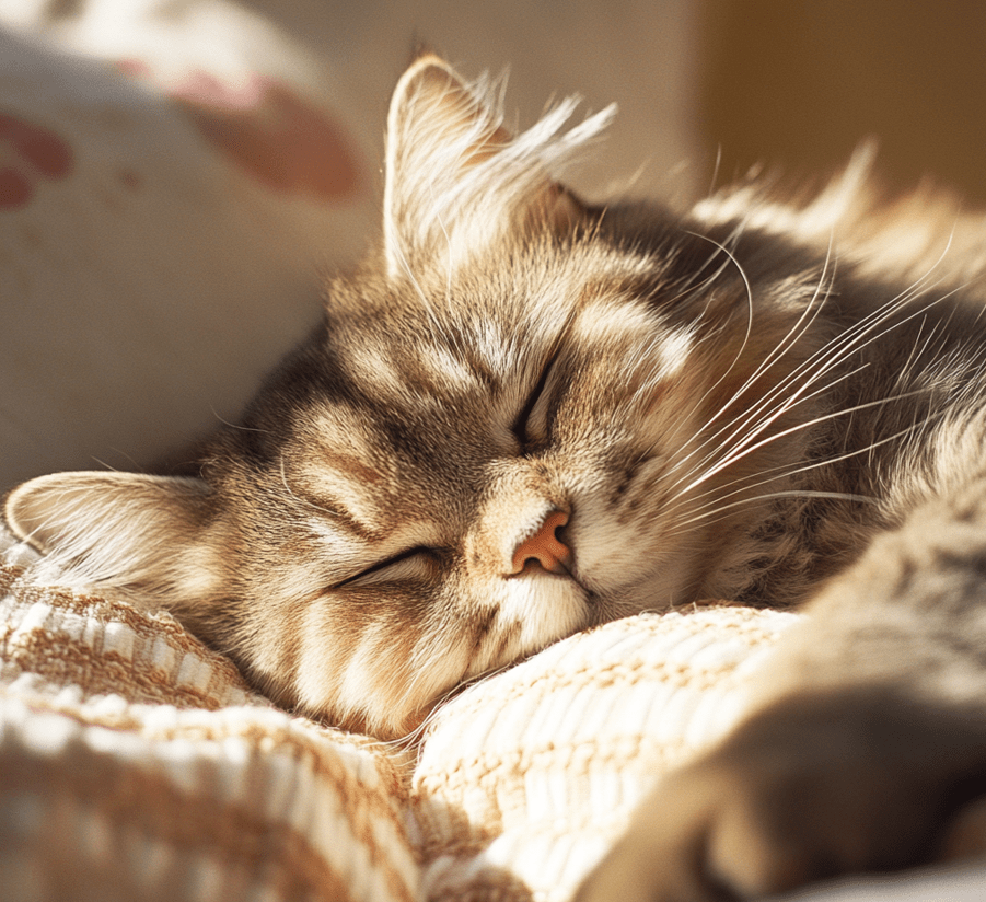 A cat with a slightly gray muzzle (indicating age) lounging comfortably in a sunny spot.
