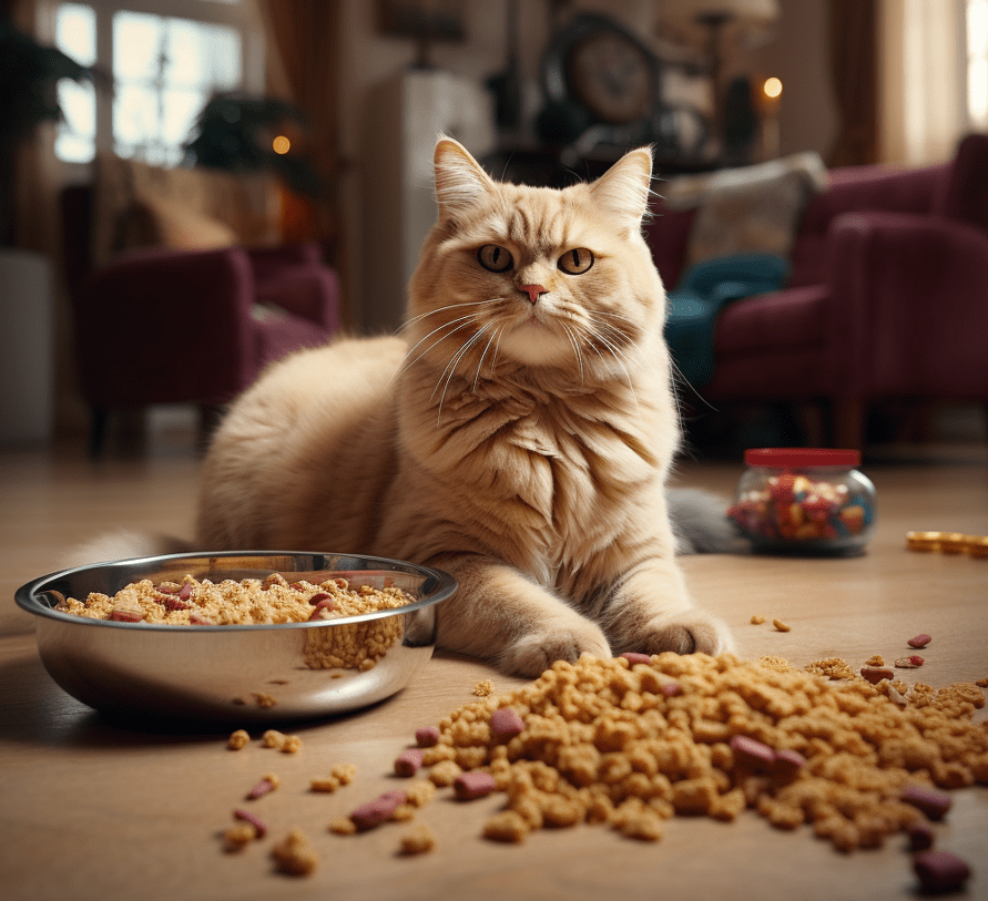 An indoor cat lounging near a full bowl of food, surrounded by treats.