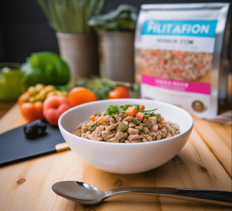 A small portion of healthy cat food in a bowl with a measuring scoop.
