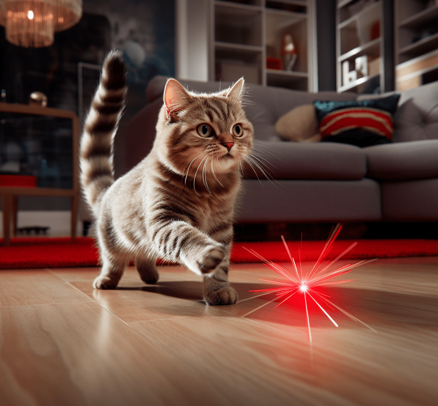 A cat enthusiastically playing with a laser pointer or chasing a toy.