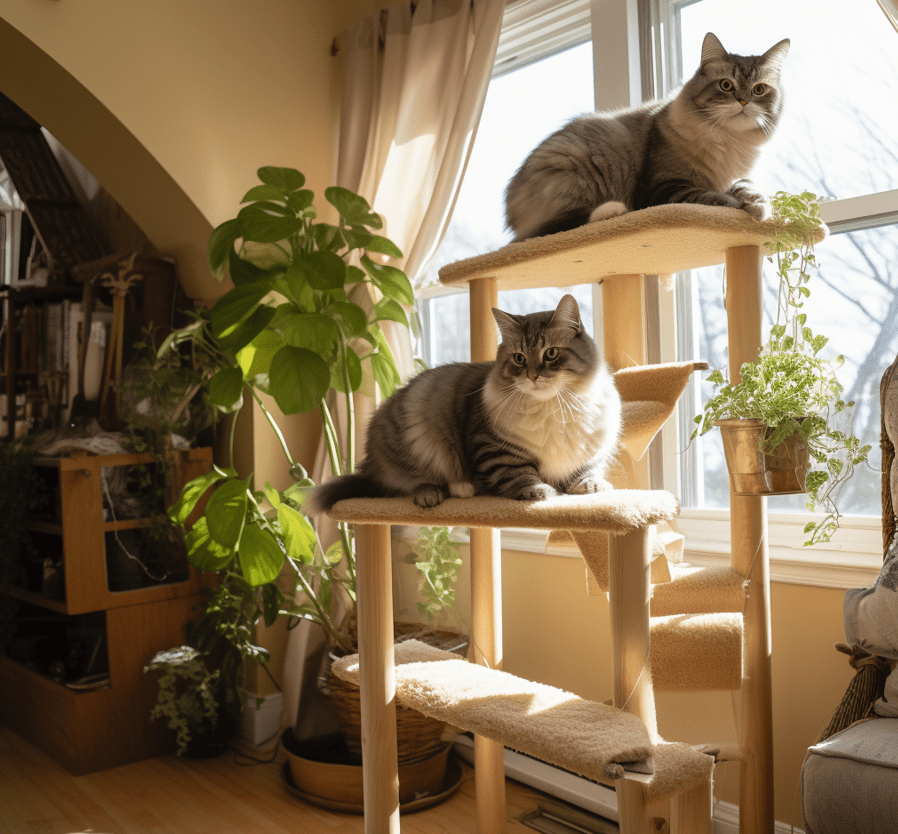 A cat climbing on a multi-level cat tree with perches and scratching posts.
