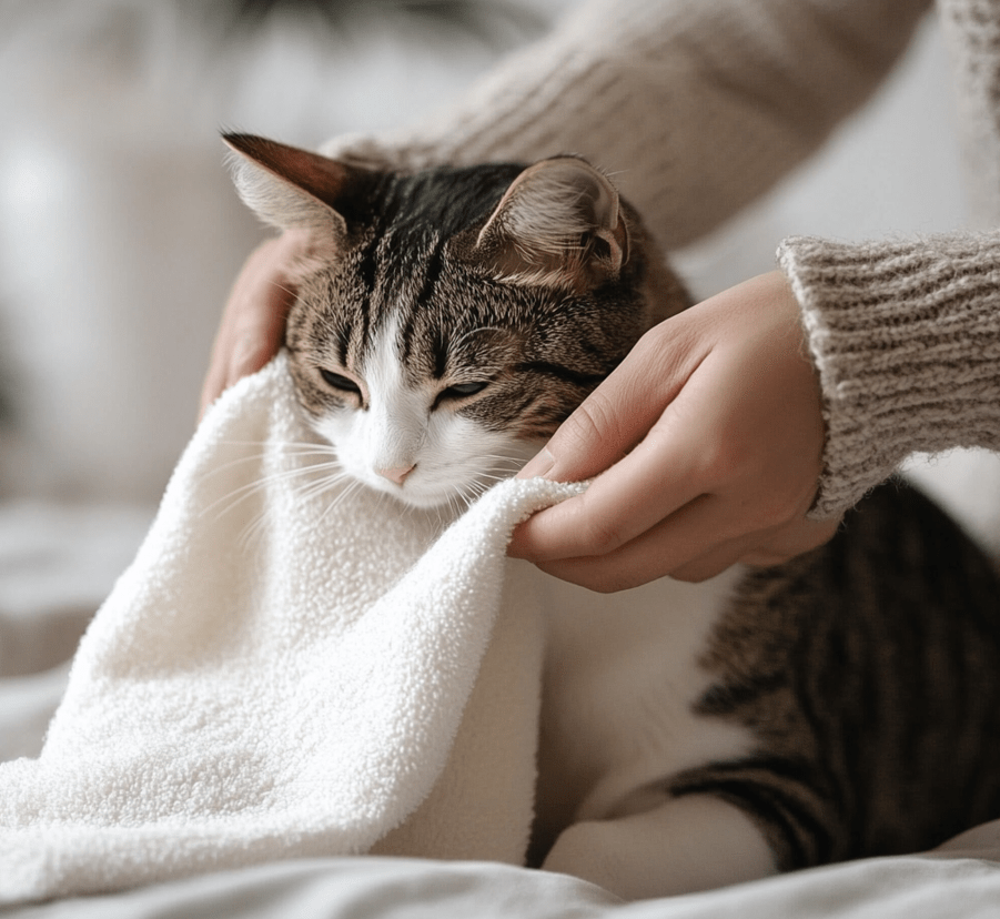 A pet owner performing first aid on their cat, such as controlling bleeding with a cloth. 