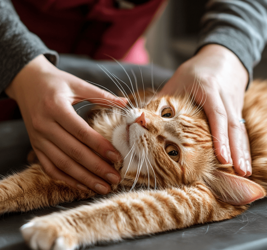 A pet owner performing CPR on a cat or attempting the Heimlich maneuver. 