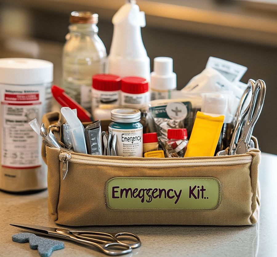 A well-organized cat emergency kit, with first-aid supplies and medications. 