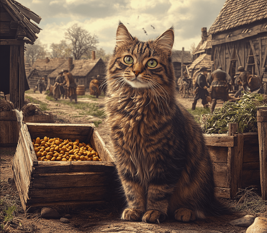 A historical depiction of a cat in an old American colony setting.
