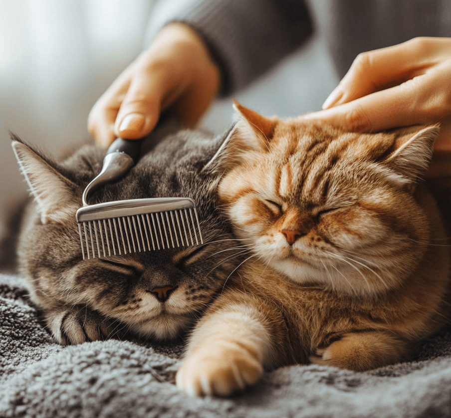 A person grooming an American Shorthair and a Domestic Shorthair.