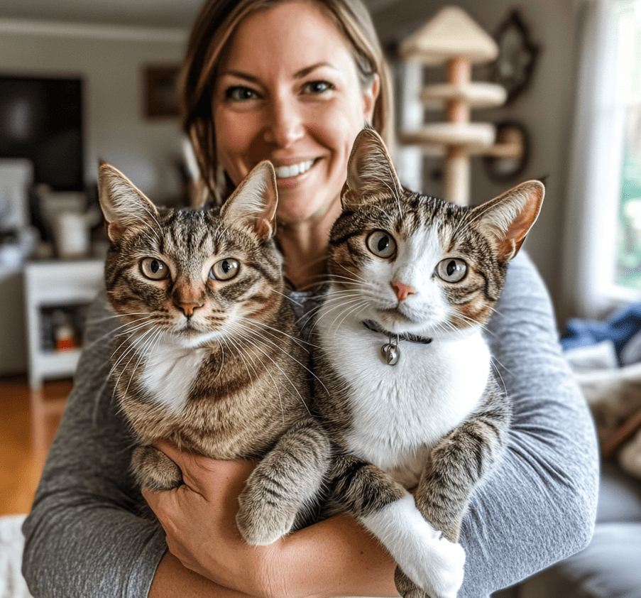 A happy pet owner with both cat breeds.
