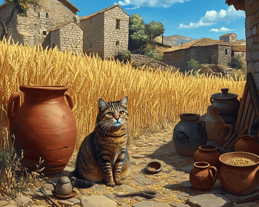 Ancient-style artwork showing a Domestic Shorthair cat sitting next to humans in an agricultural or historical setting. 