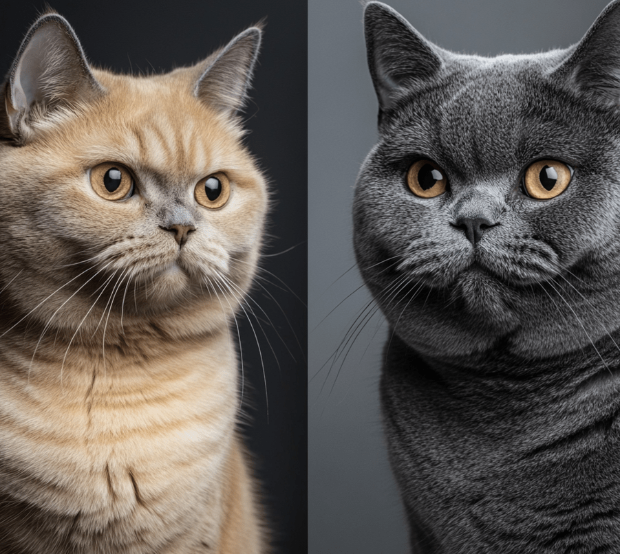 A side-by-side comparison of a Domestic Shorthair and a purebred cat like a British Shorthair, highlighting their differences in appearance. 