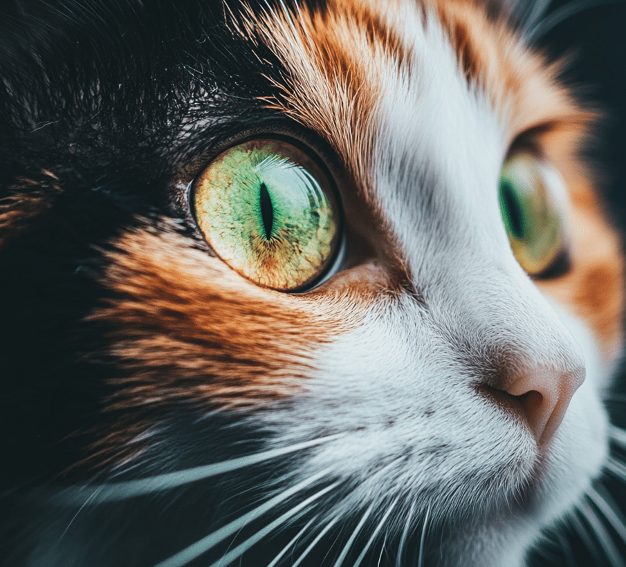 A close-up of a Domestic Shorthair cat’s eyes and fur, showcasing their striking features and variety. 