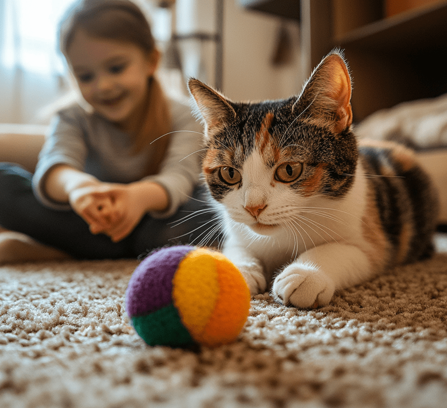 A playful Domestic Shorthair cat interacting with a child or playing with a toy.