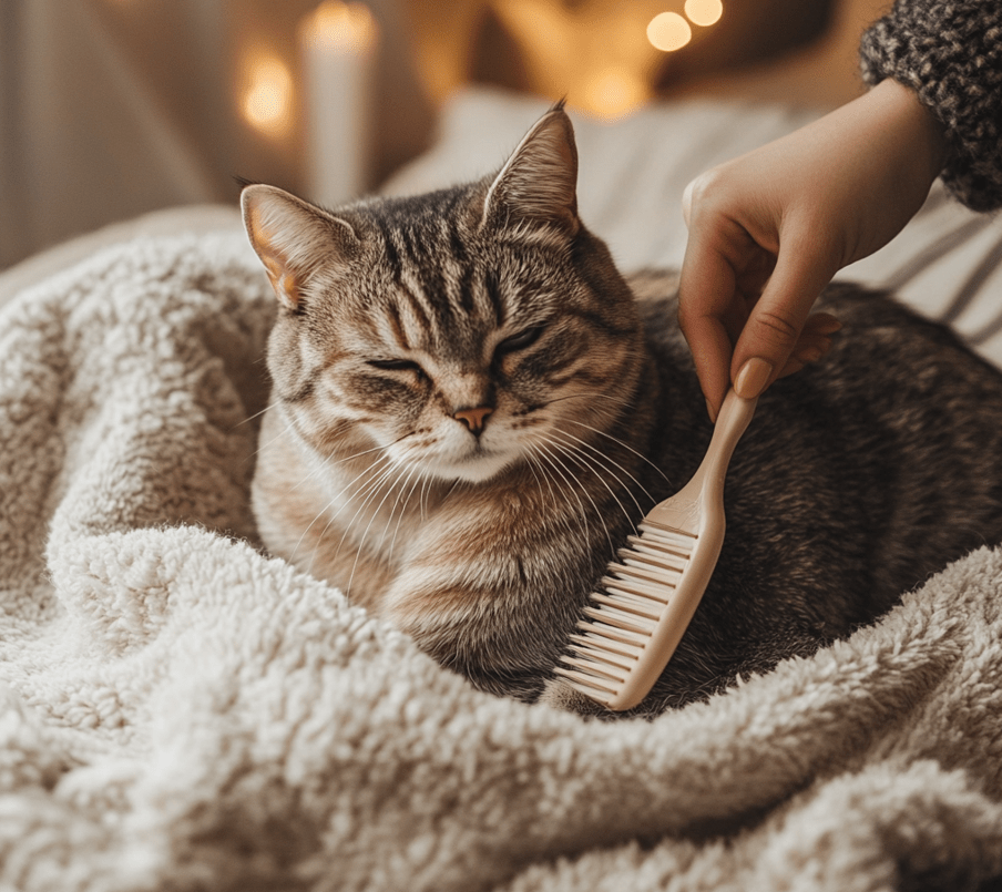 A person gently brushing a Domestic Shorthair cat’s fur with a small grooming brush. 