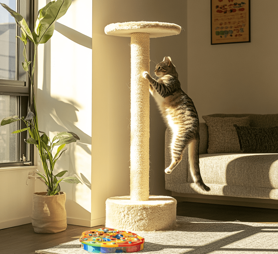 A Domestic Shorthair cat climbing a cat tree or playing with a puzzle feeder.
