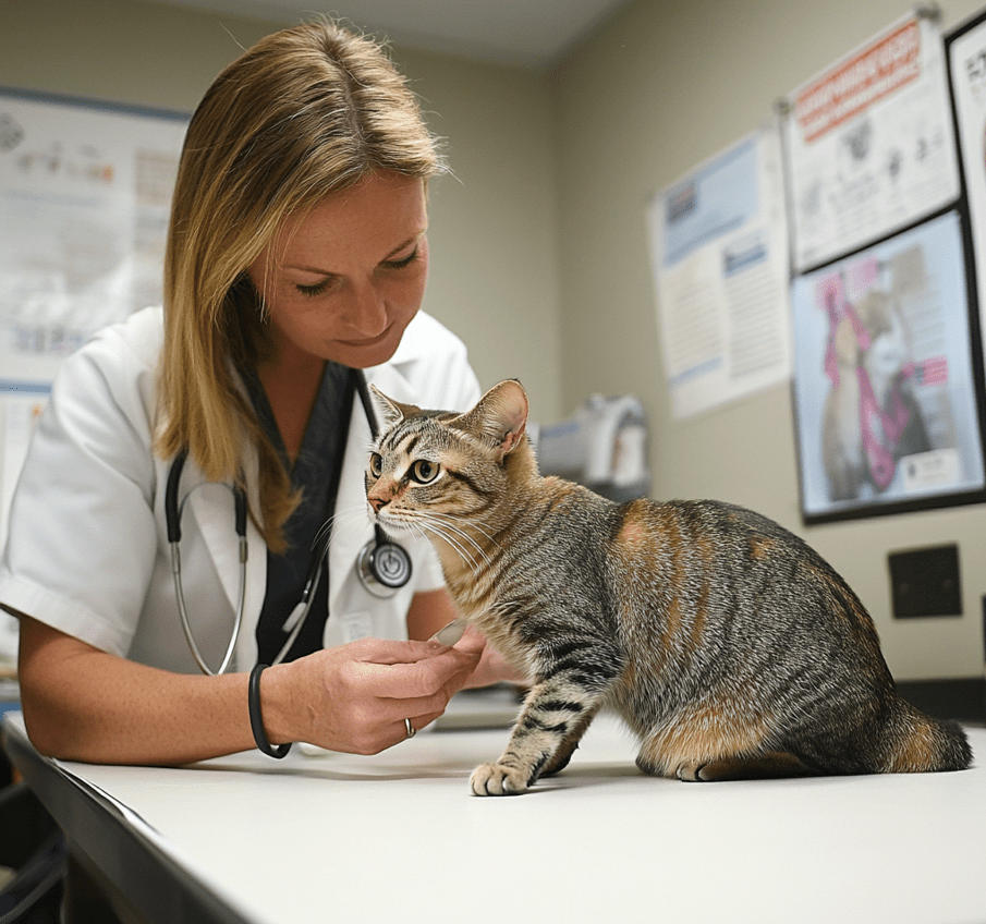 A veterinarian examining a Domestic Shorthair cat on an examination table.
