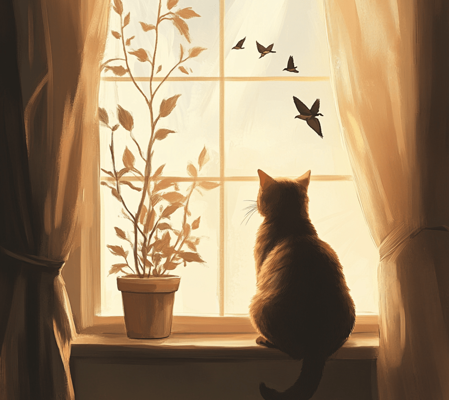 A Domestic Shorthair cat sitting on a windowsill, looking outside at birds or trees.
