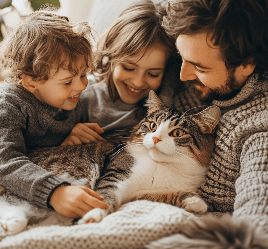 A happy family with a Domestic Shorthair cat in a welcoming home.
