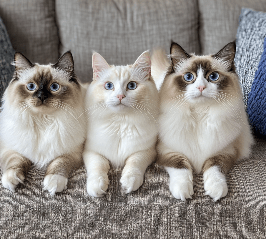 A visual showcasing the four distinct coat patterns (Bi-color, Colorpoint, Mitted, and Van) in a side-by-side format. 