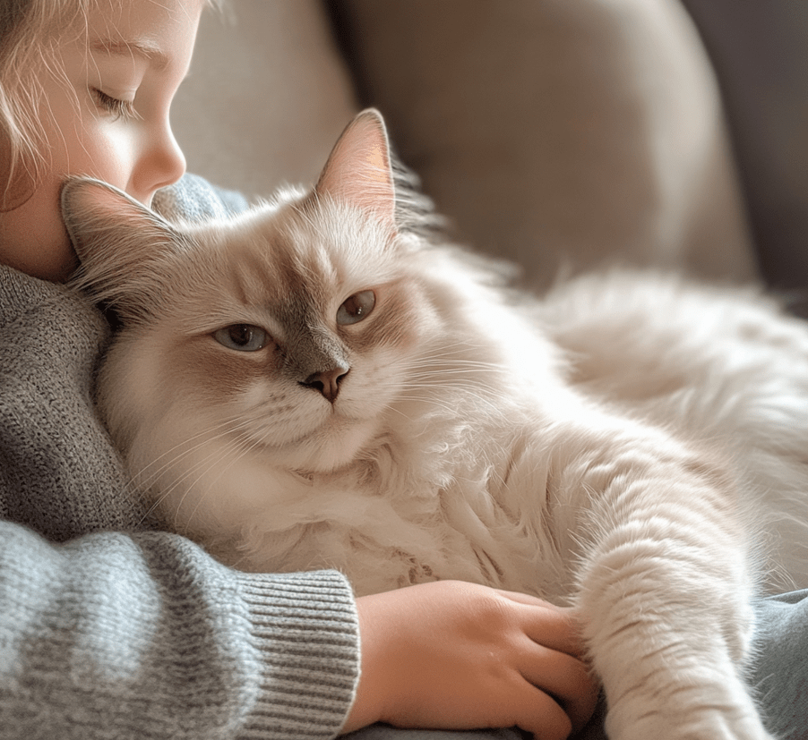 A playful Ragdoll cat engaging with children or lying calmly in someone's lap. 