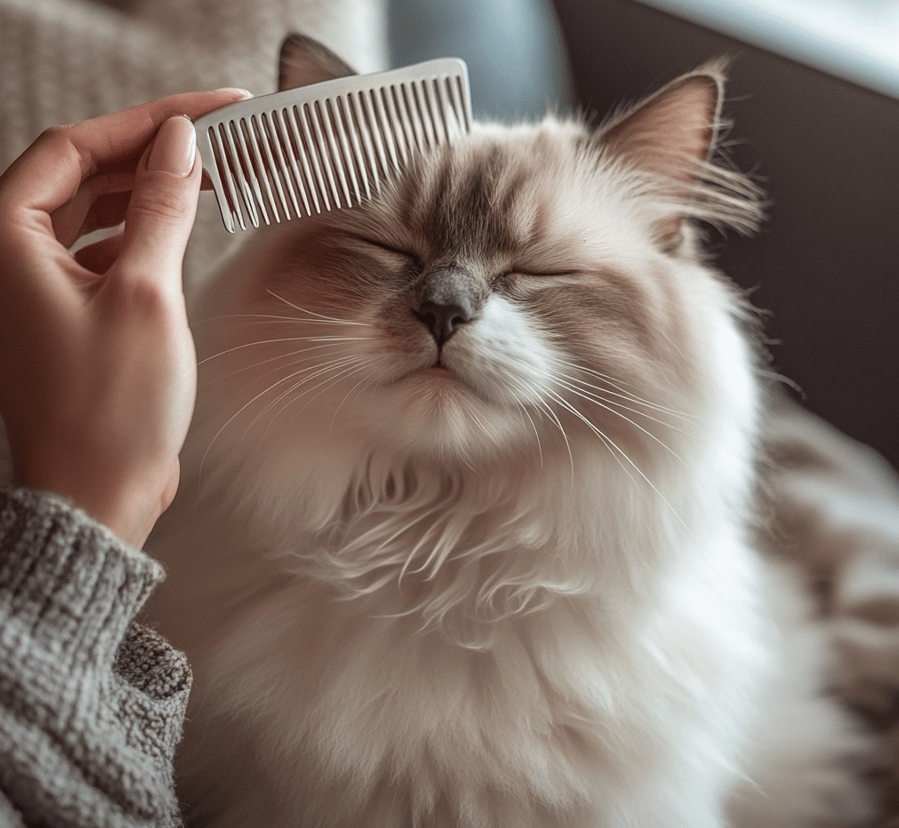 A scene of grooming, with a person brushing a Ragdoll cat. 