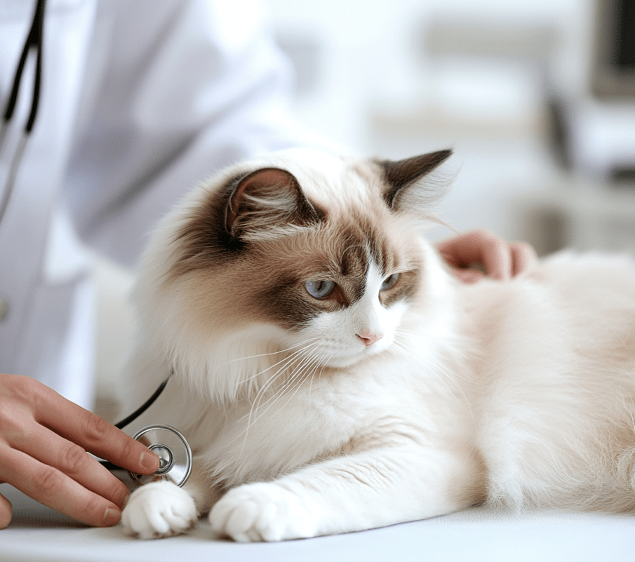  An illustration or depiction of a veterinarian examining a Ragdoll cat. 