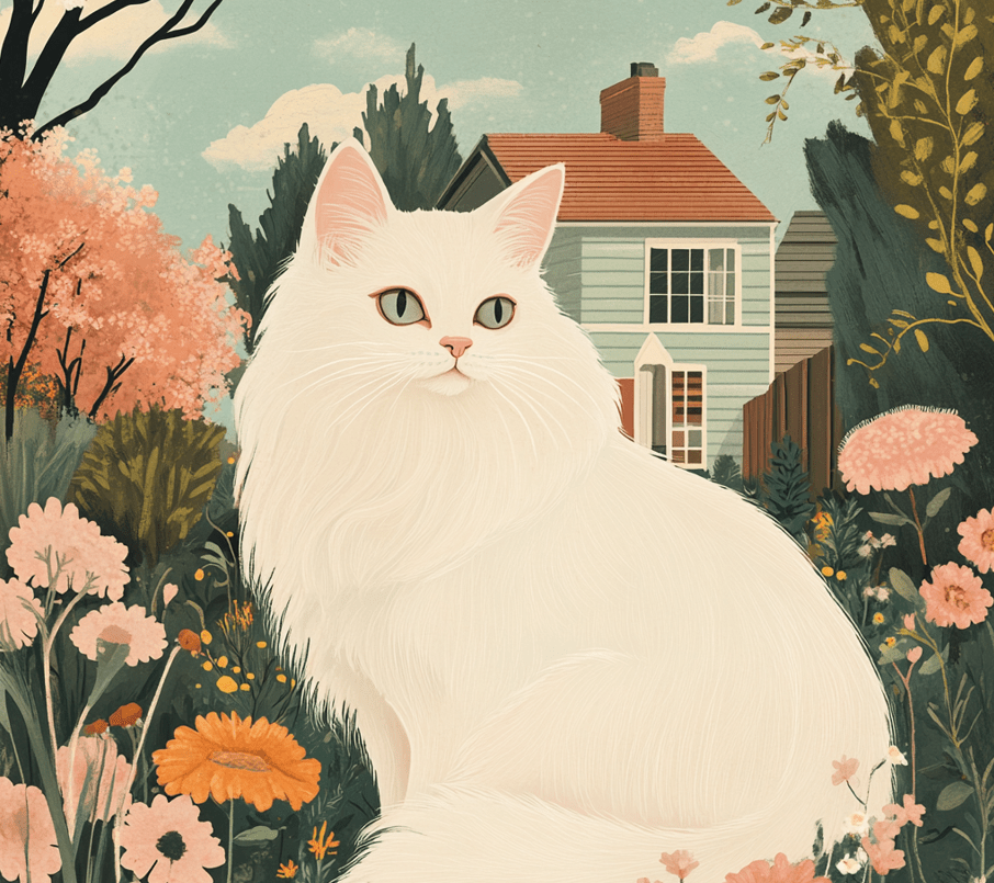 A vintage-style depiction of the first Ragdoll cat, Josephine, in a suburban neighborhood setting. 