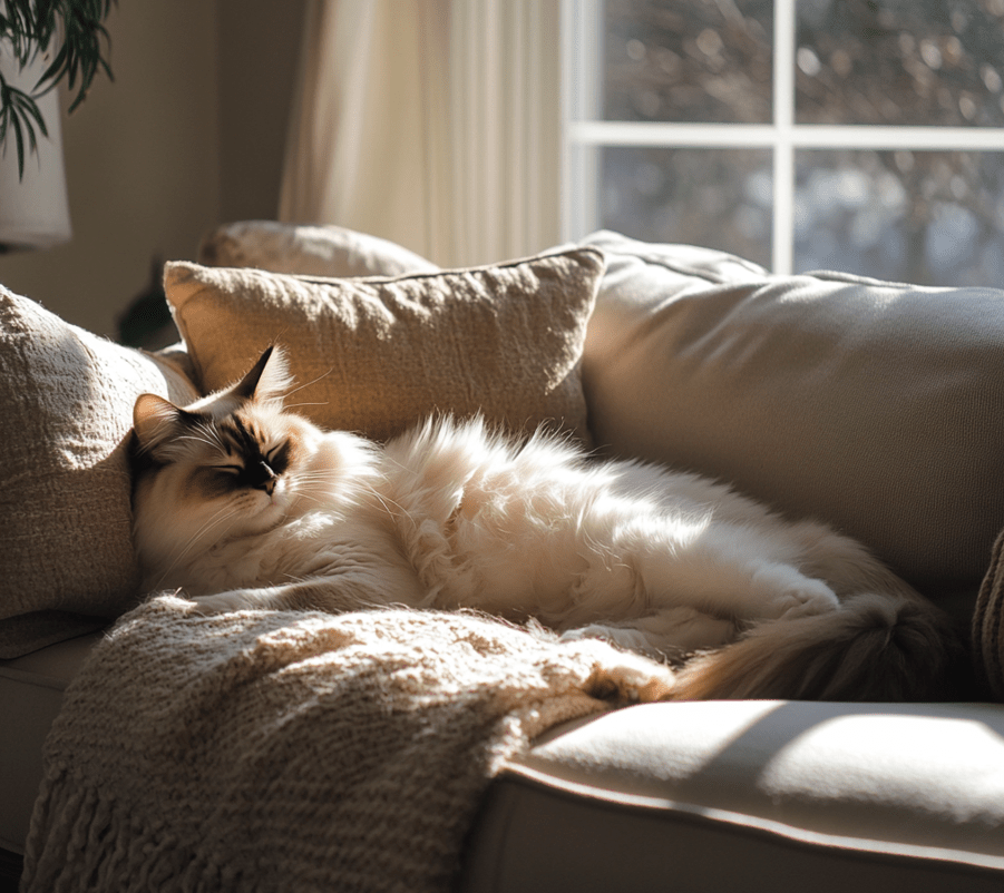 A heartwarming image of a Ragdoll cat relaxing in a loving home environment. 