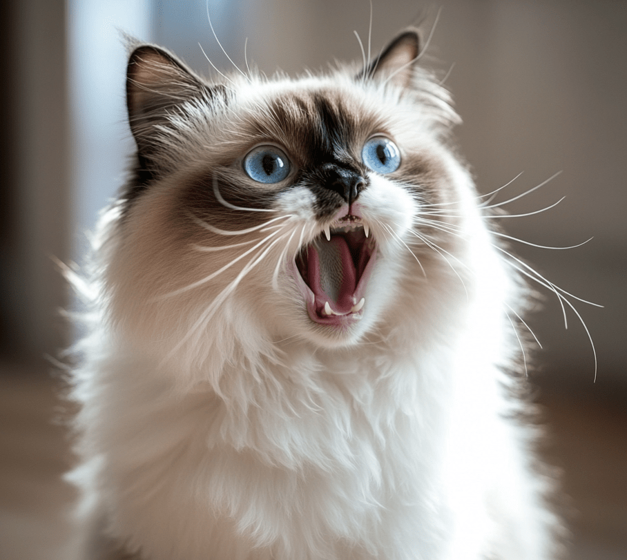 A Ragdoll cat hissing or arching its back, showing signs of distress in a controlled indoor environment. 