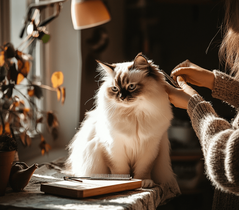 A person brushing a Ragdoll cat gently with a grooming tool, showcasing the effort required. 