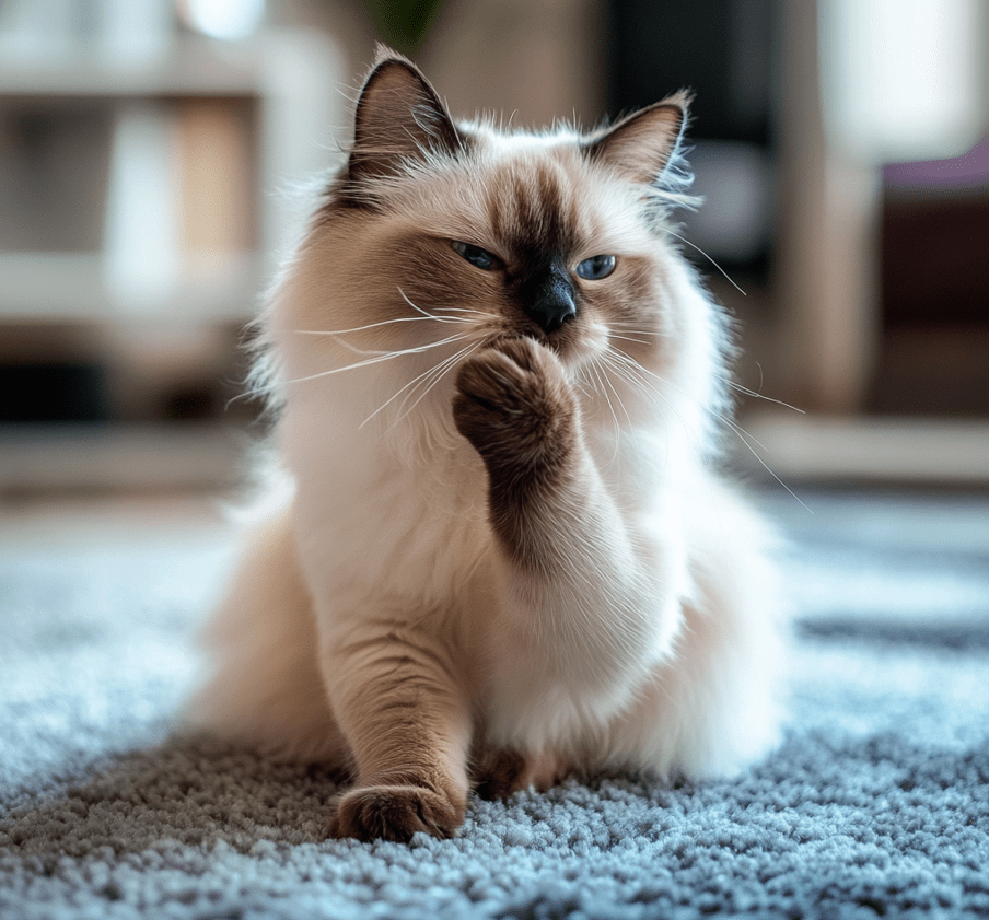  A Ragdoll cat licking its paw obsessively, indicating over-grooming behavior. 