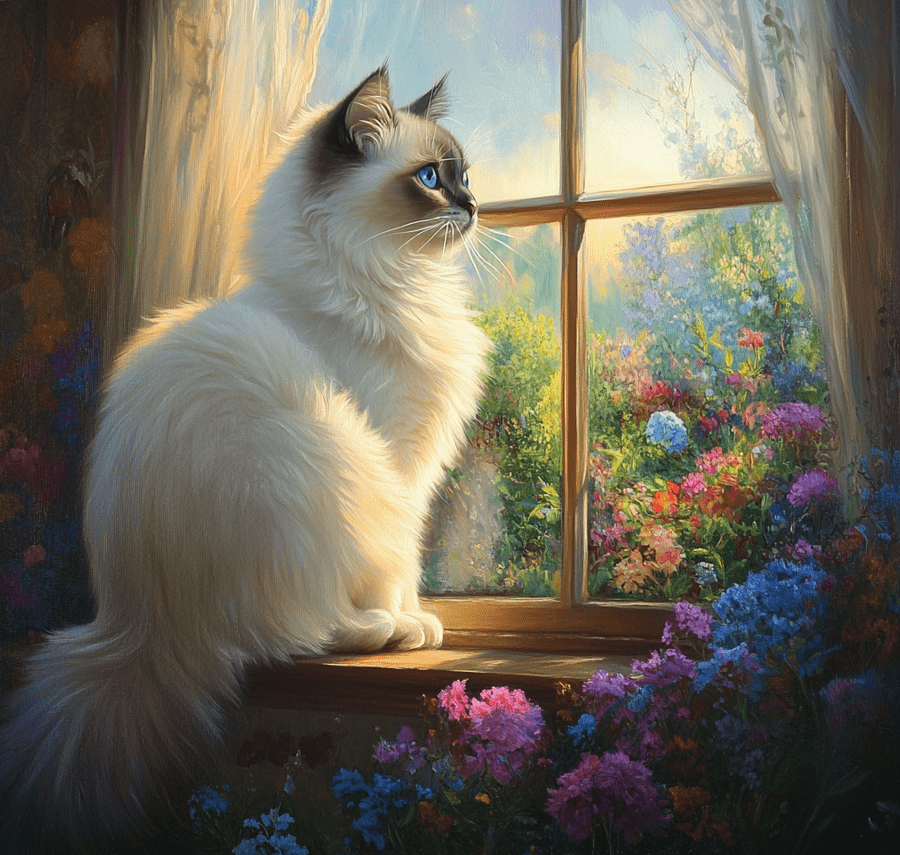  A Ragdoll cat sitting on a window sill, looking out longingly at a sunny backyard garden. 