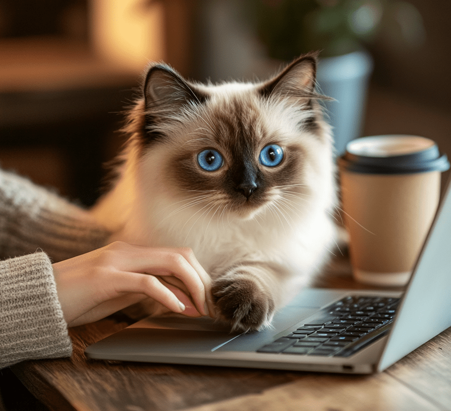 A Ragdoll cat nudging its owner’s hand while the person works on a laptop. 