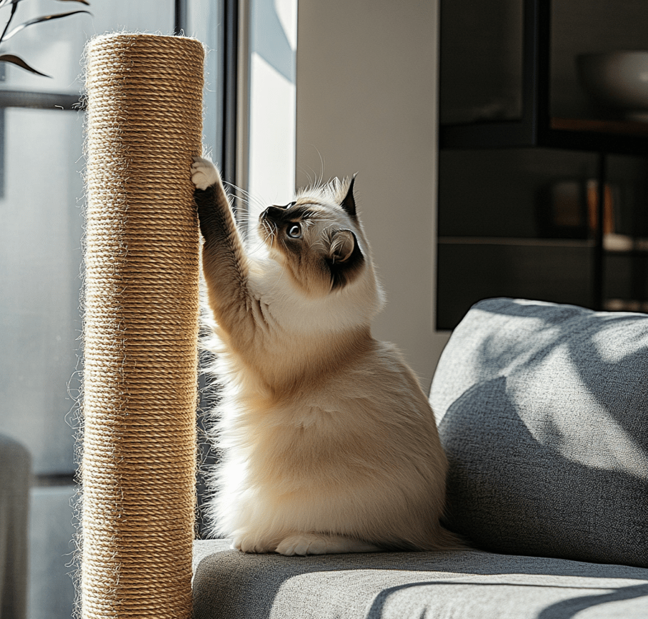 A Ragdoll cat scratching a designated scratching post next to a couch. 