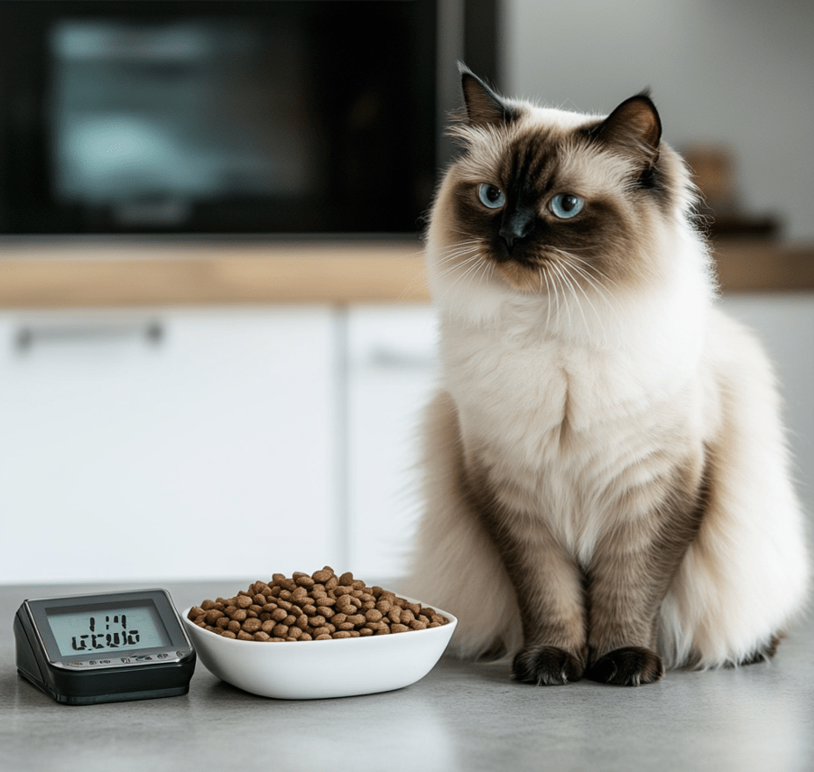 A Ragdoll cat looking at a balanced meal in a food bowl, with a scale in the background. 