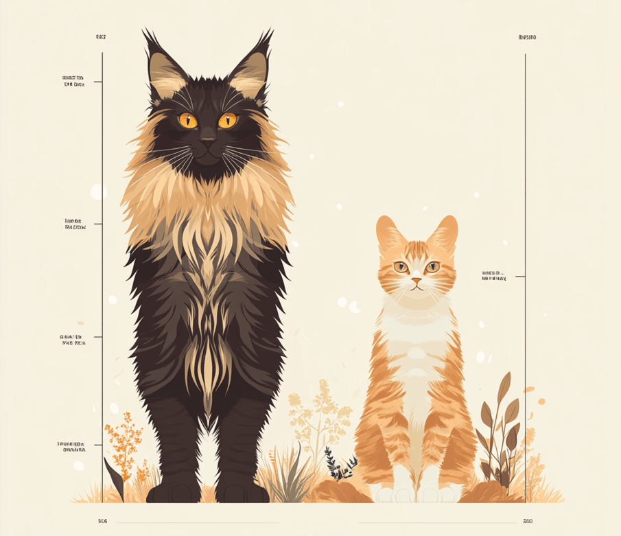 A size comparison chart of a Maine Coon cat alongside an average domestic cat.
