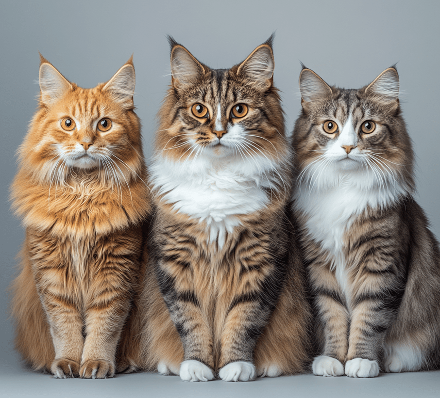 A side-by-side visual of a Maine Coon, Norwegian Forest Cat, and Siberian Cat.
