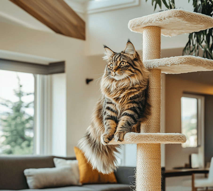 A Maine Coon climbing a tall cat tree in a spacious living room.
