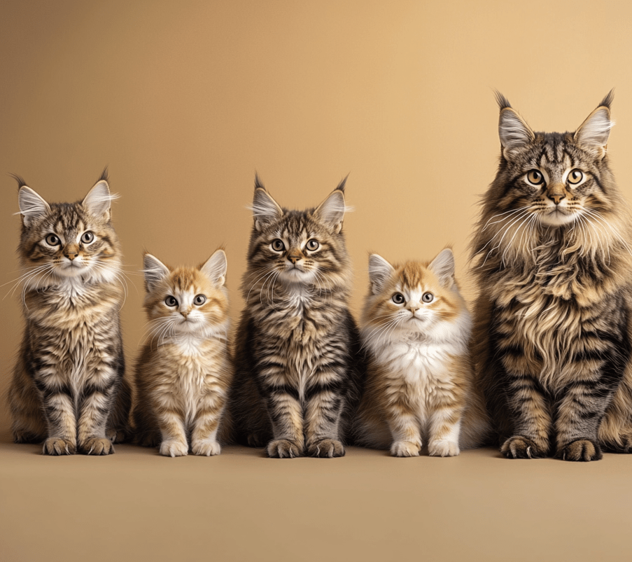 A growth timeline showing a Maine Coon kitten, juvenile, and adult.
