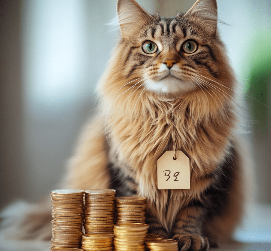 A Maine Coon sitting next to a stack of coins or a price tag.