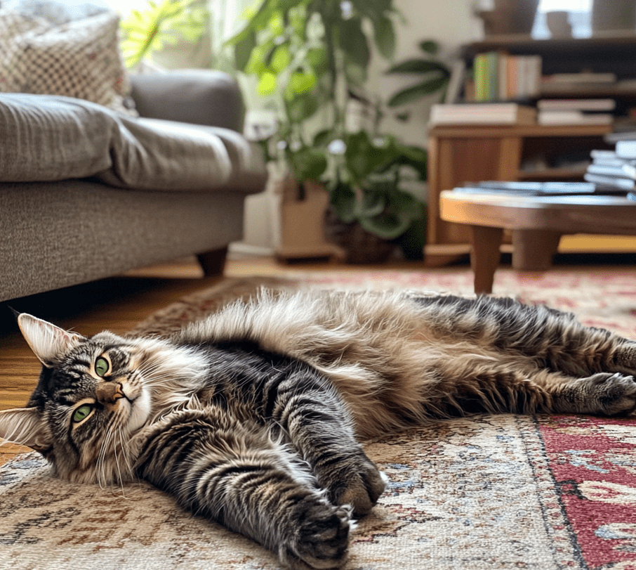 A record-breaking Maine Coon (like Stewie) lying stretched out to highlight its extraordinary length.
