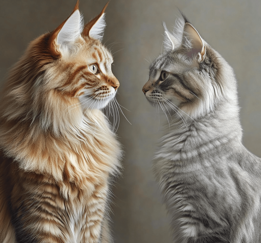 A side-by-side comparison showing a Maine Coon cat next to an average domestic cat. The Maine Coon appears larger, with prominent ear tufts, bushy tail, and thicker coat.
