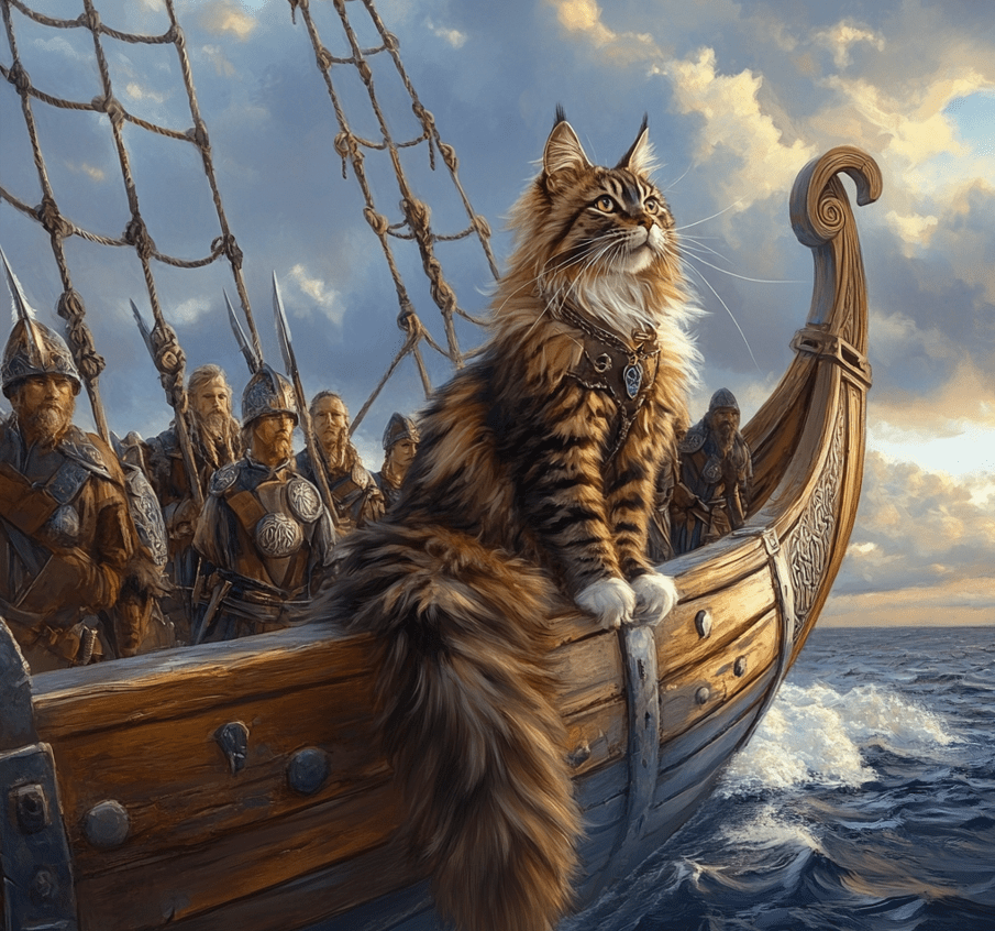 A playful artistic depiction of a Maine Coon on a Viking ship with Viking sailors. The cat is shown with its fluffy coat blowing in the wind, emphasizing the legendary Viking origin.
